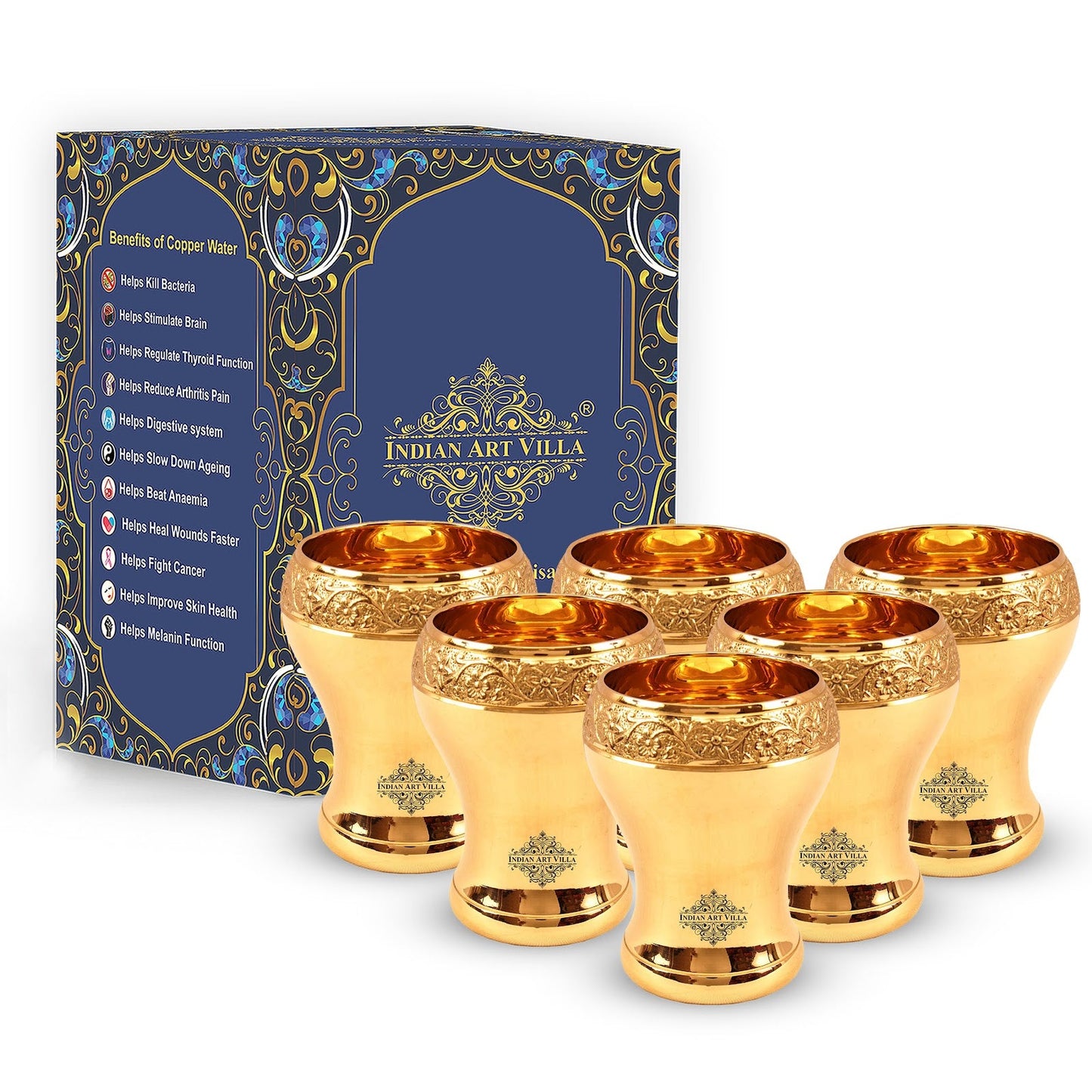 Handcrafted Pure Brass Curved Mughlai Design Glass, 300ML