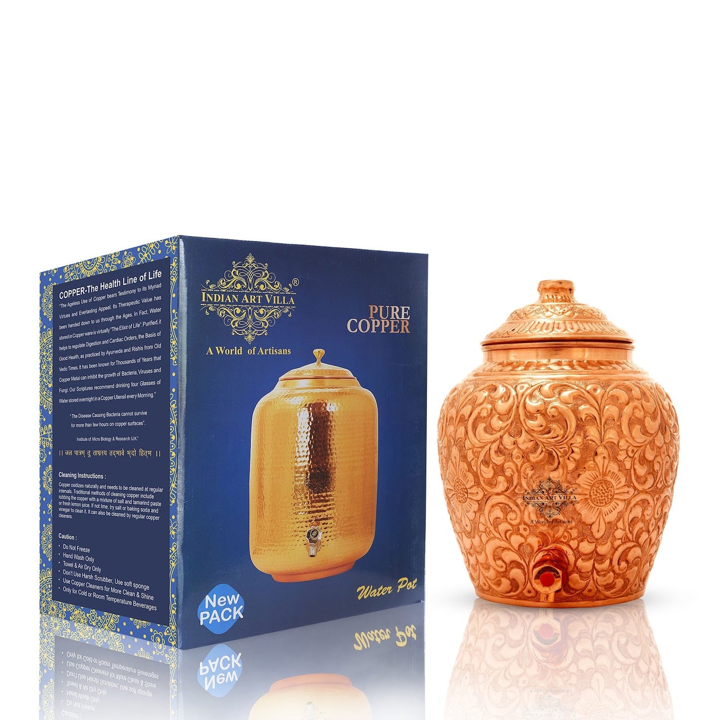 Pure Copper Water Pot, Embossed Design, Dispenser Pot Matka, Storage water, Gold