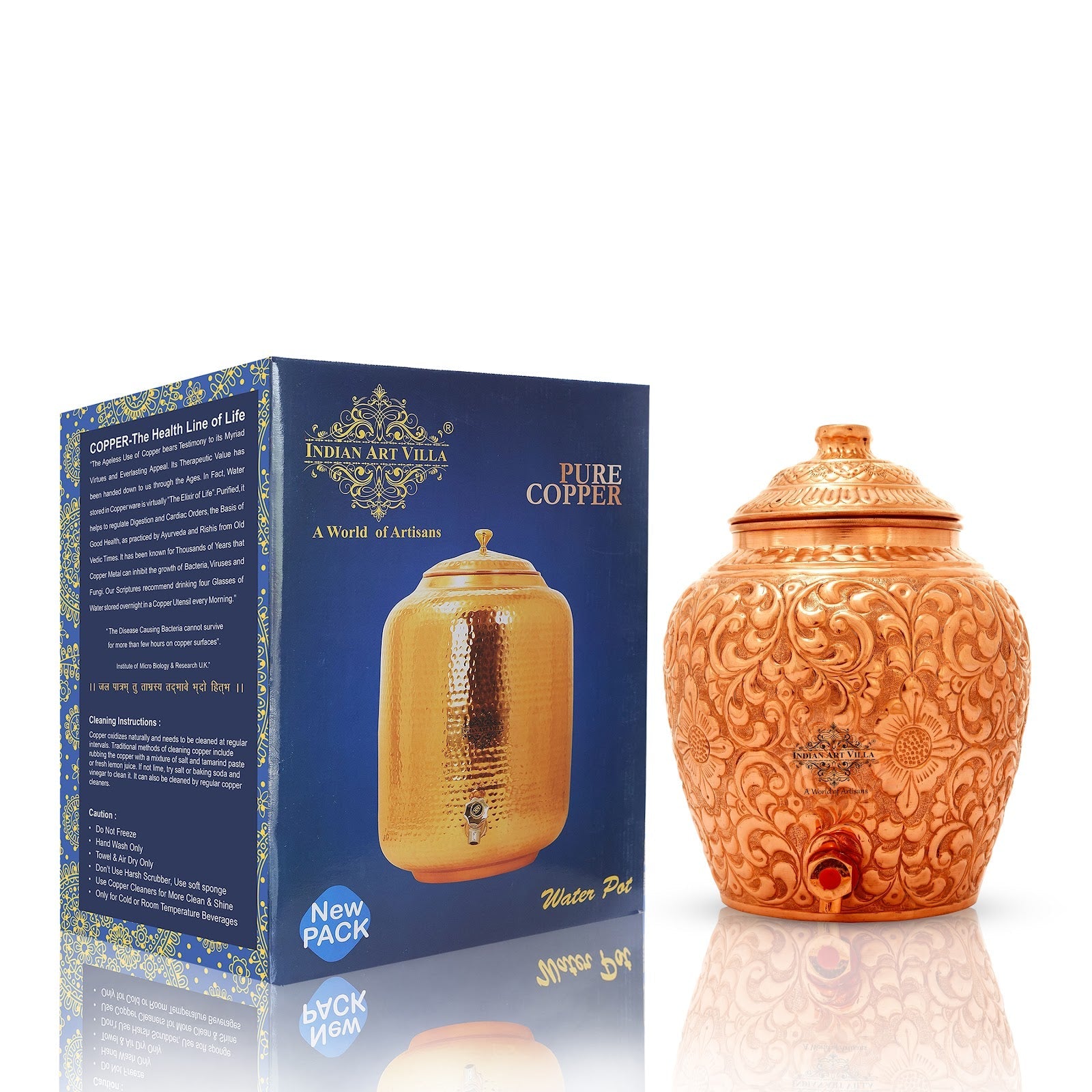Pure Copper Water Pot, Embossed Design, Dispenser Pot Matka, Storage water, Gold