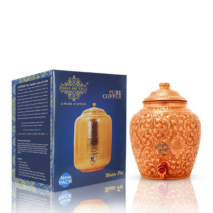 Pure Copper Water Pot, Embossed Design, Dispenser Pot Matka, Storage water, Gold
