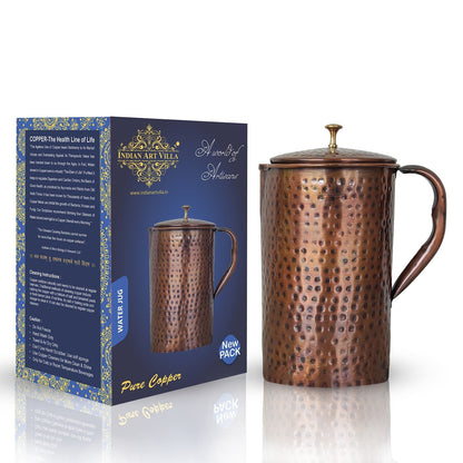 Pure Copper Hammered Antique Design Jug, Pitcher with Brass Knob on Lid