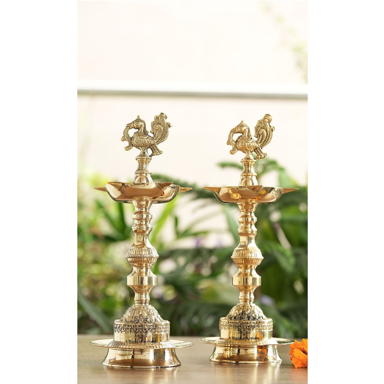 Handcrafted Brass Standing Pillar Diya with Maharaja Murga Design, Deepawali Indian Item