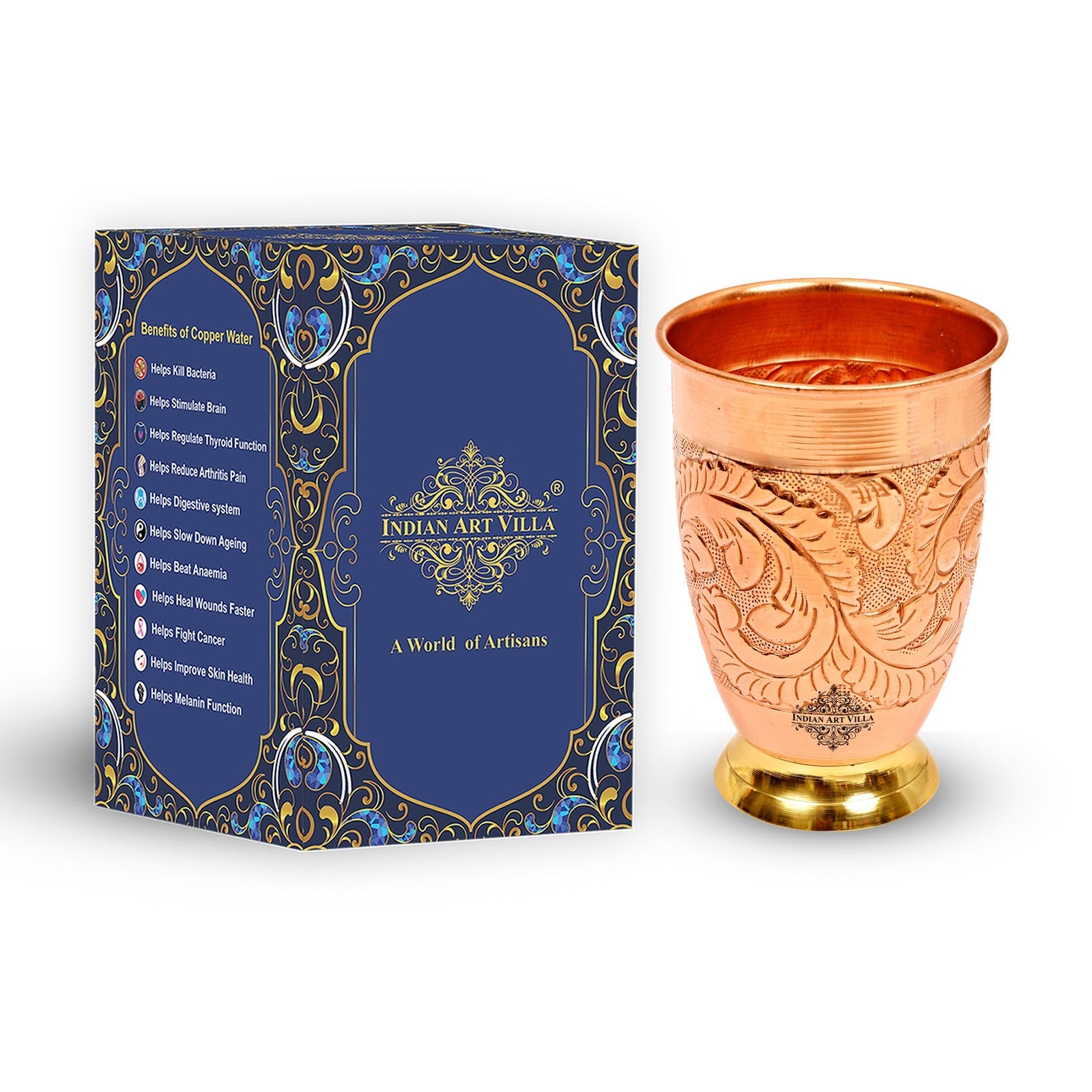 Handcrafted Pure Copper Embossed Design Glass With Brass Bottom