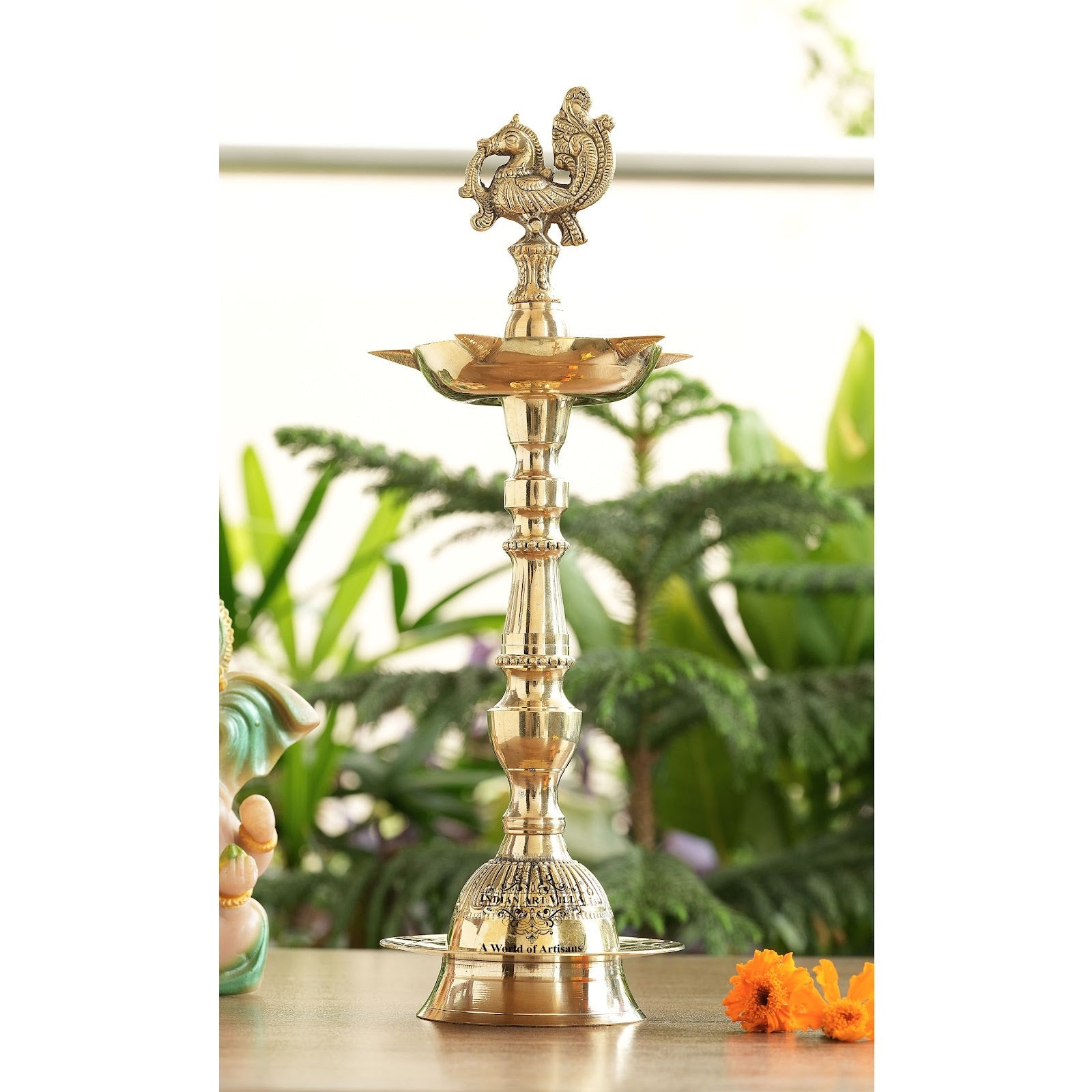 Pure Brass Stand Pillar Diya, Dana kashi Murga Design