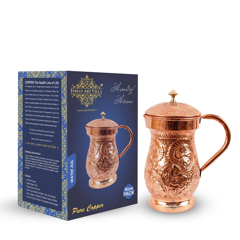 Handcrafted Pure Copper Jug Pitcher with Brass Knob, Brown Color, 1500ML