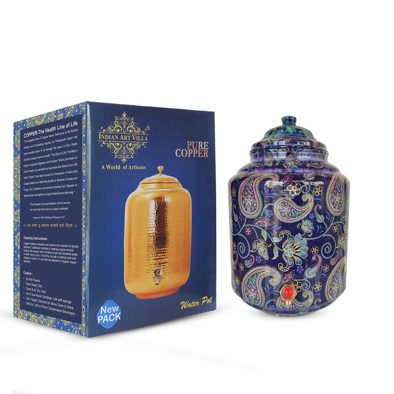 Copper Printed Water Pot With Indigo Paisley Print, Drinkware & Storage Purpose, Ayurvedic Health Benefits, Volume-13 Liters