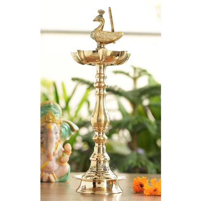 Brass Stand Pillar Diya, Peacock Design, Pooja, Home Decor & Diwali Gift Item