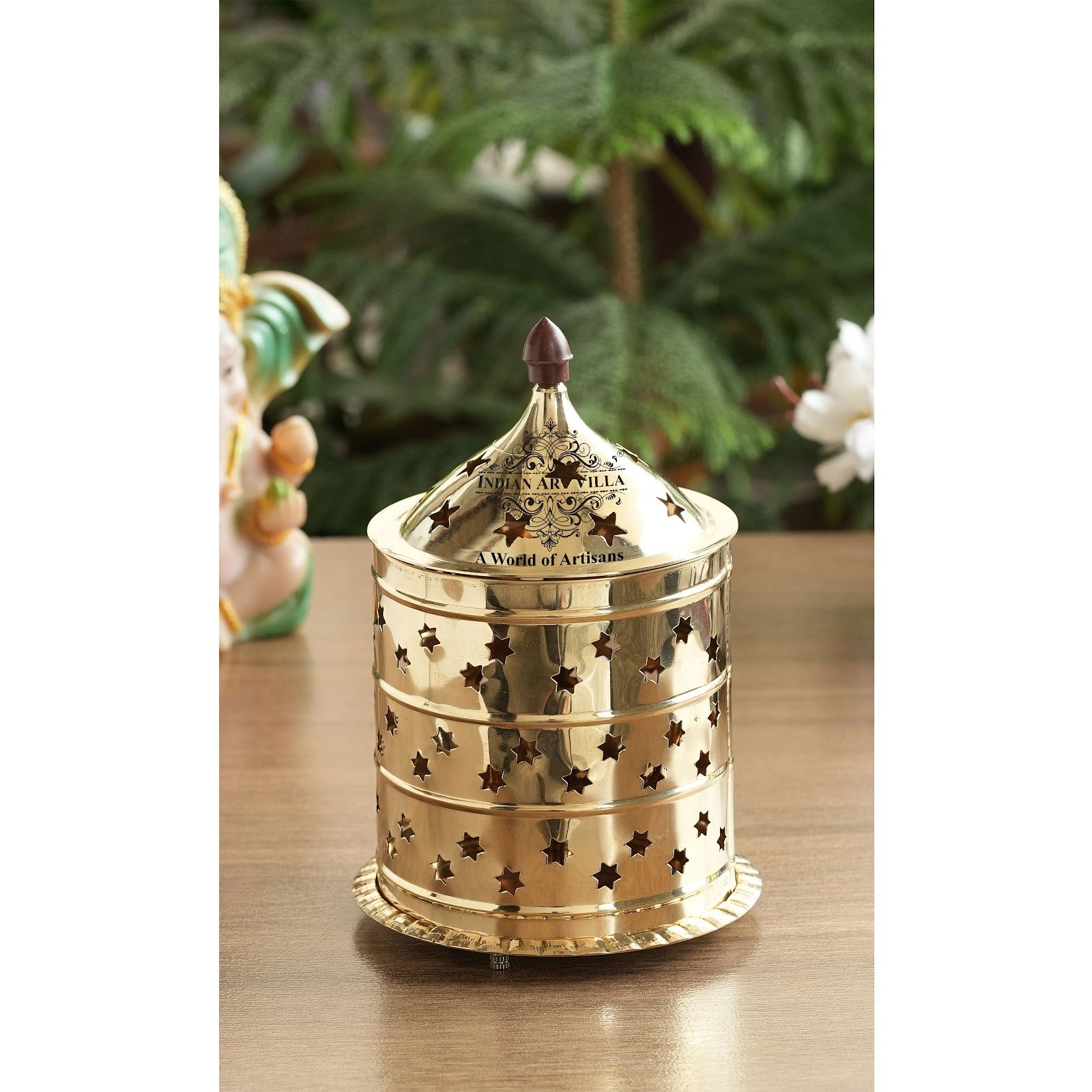 Pure Brass Akhand Jyot Diya, Star Design, Molded Brass Lid