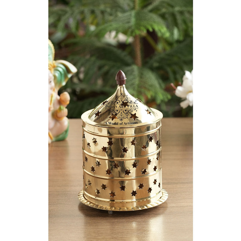 Pure Brass Akhand Jyot Diya, Star Design, Molded Brass Lid