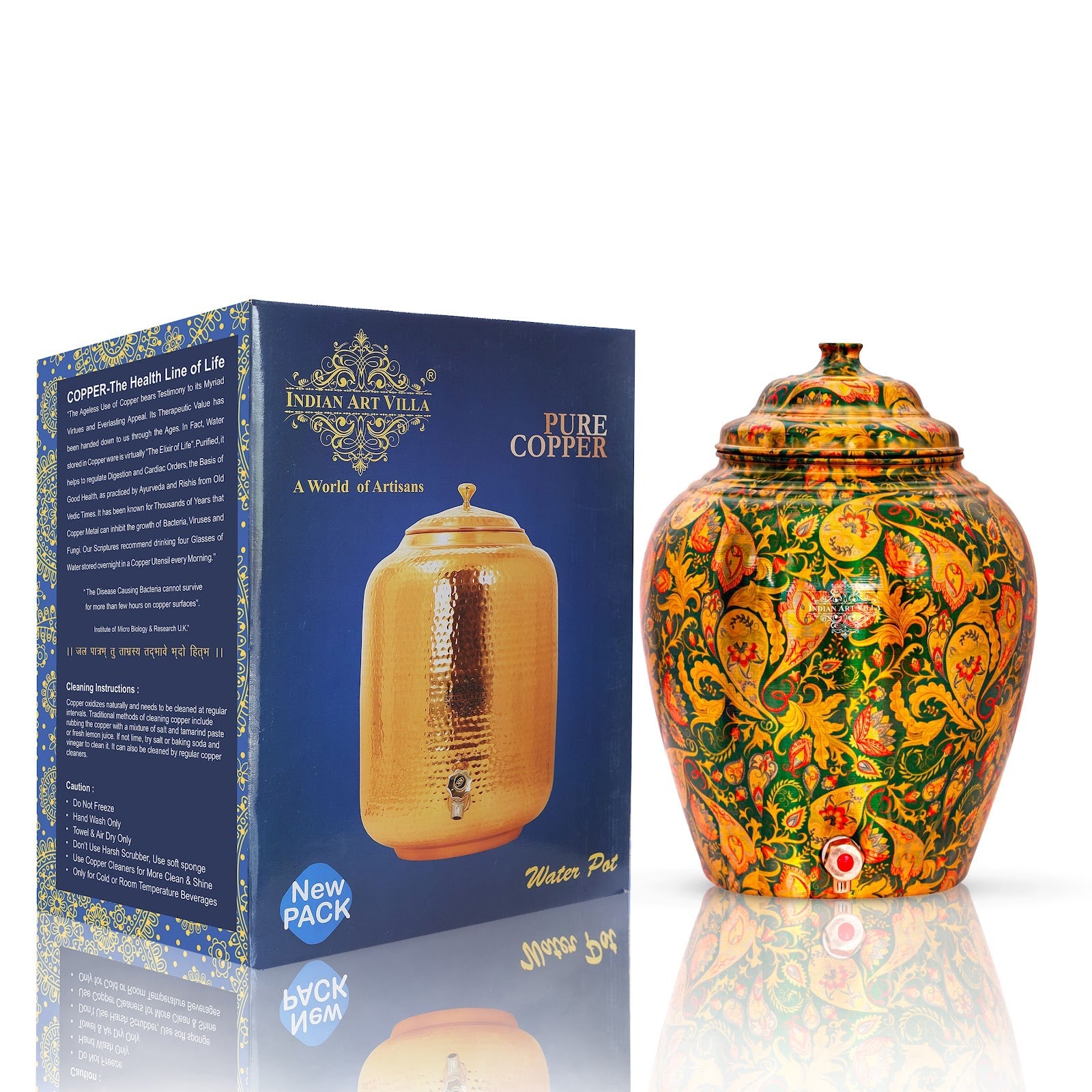 Handcrafted Pure Copper Green Flower Leaf Design Water Pot, Water Storages Pot, 13 Ltr.