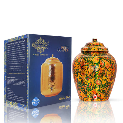 Handcrafted Pure Copper Green Flower Leaf Design Water Pot, Water Storages Pot, 13 Ltr.