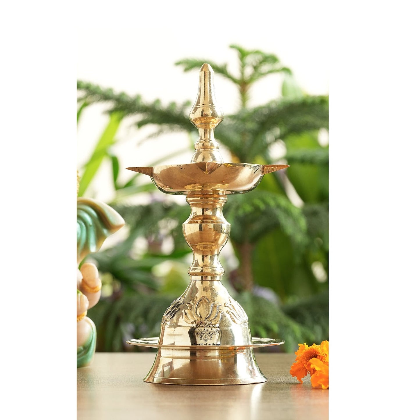 Handmade Pure Brass Standing Pillar Diya, Exquisite Kamal Urip Design
