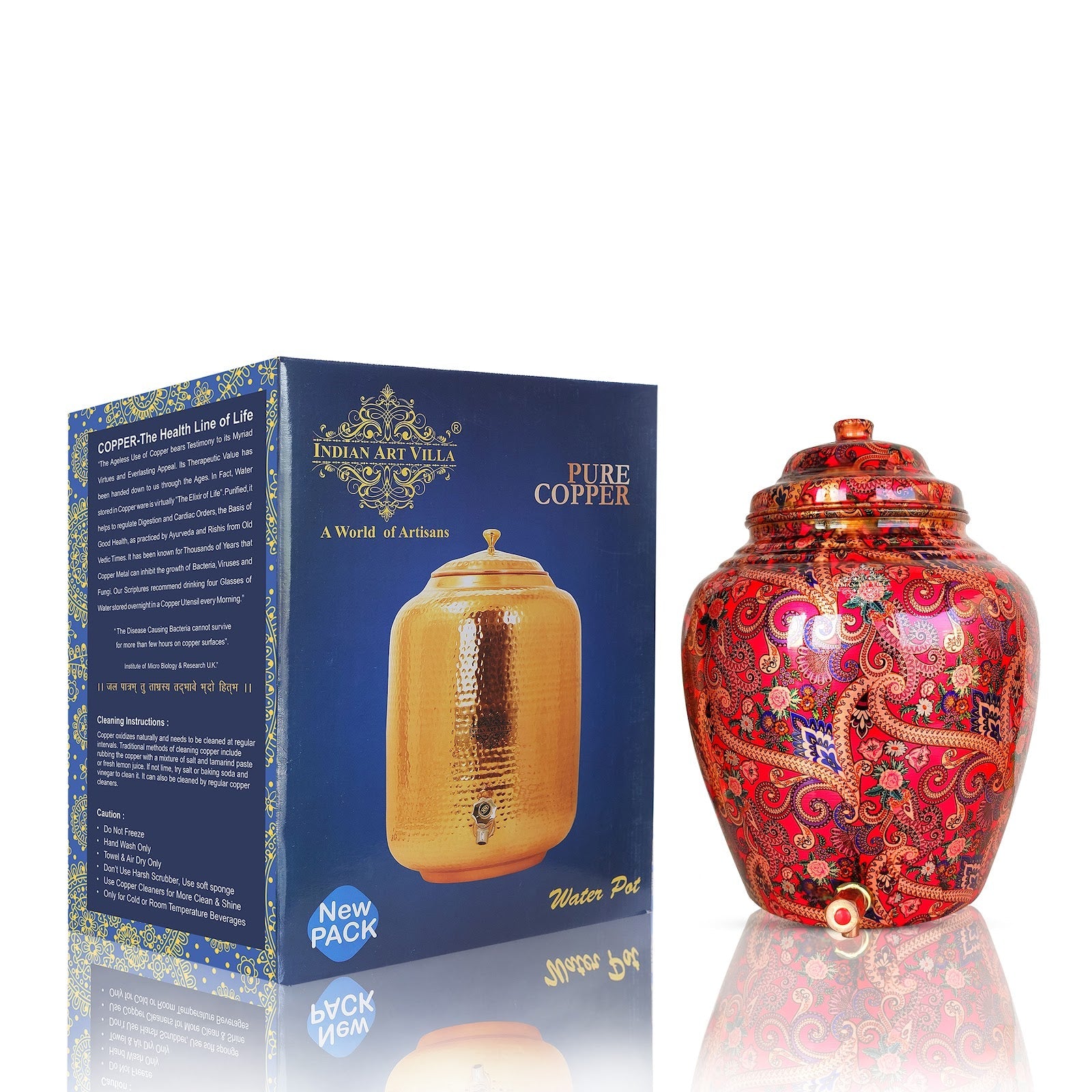 Printed Copper Water Dispenser Pot Matka In Candy Red Abstract Print With Brass Tap, Storage, Home Kitchen Garden