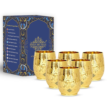 Handmade Pure Brass Engraving Leaf Design Glass Tumbler 300 ML