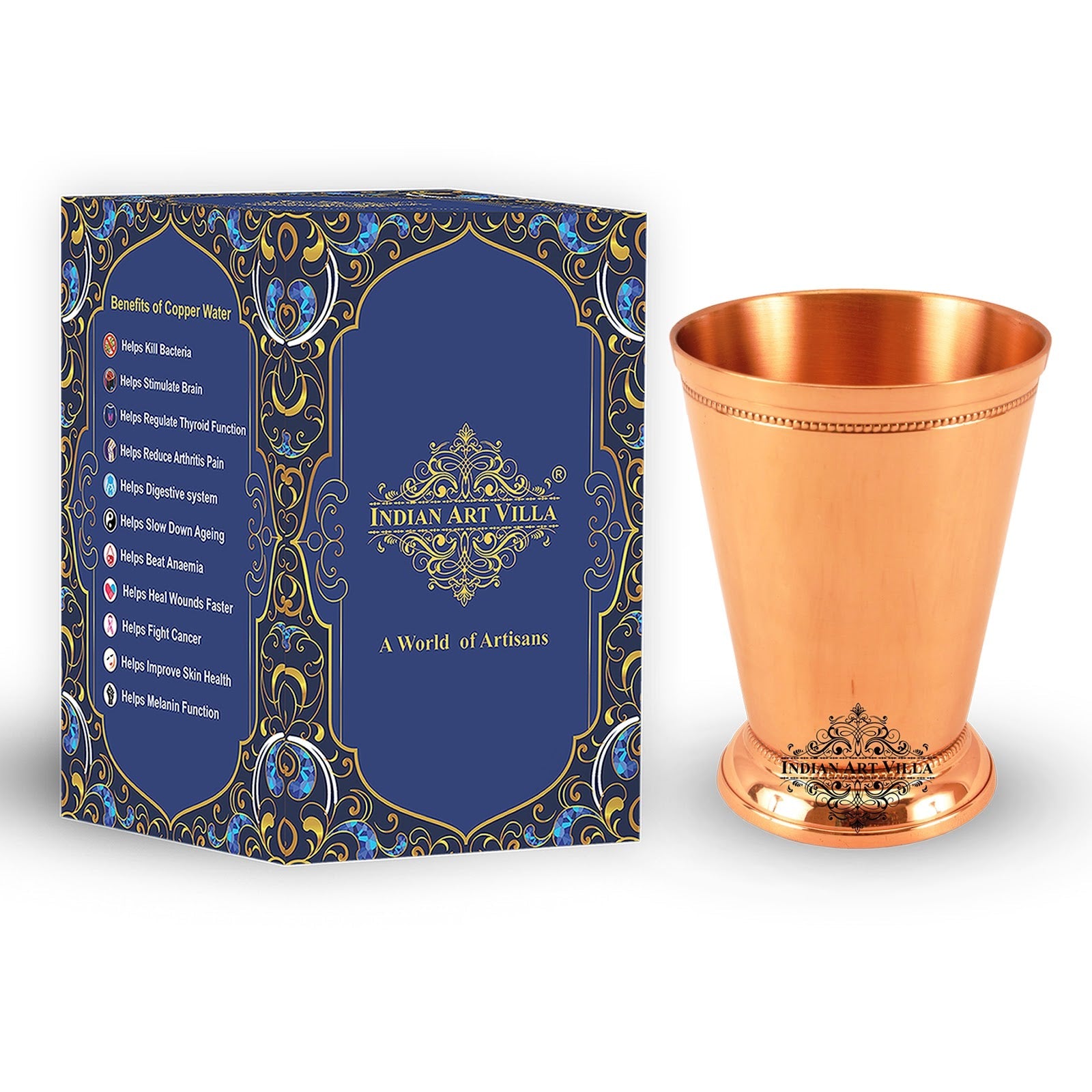 Pure Copper Big Top Glass with 2 Designer Rings  300ML