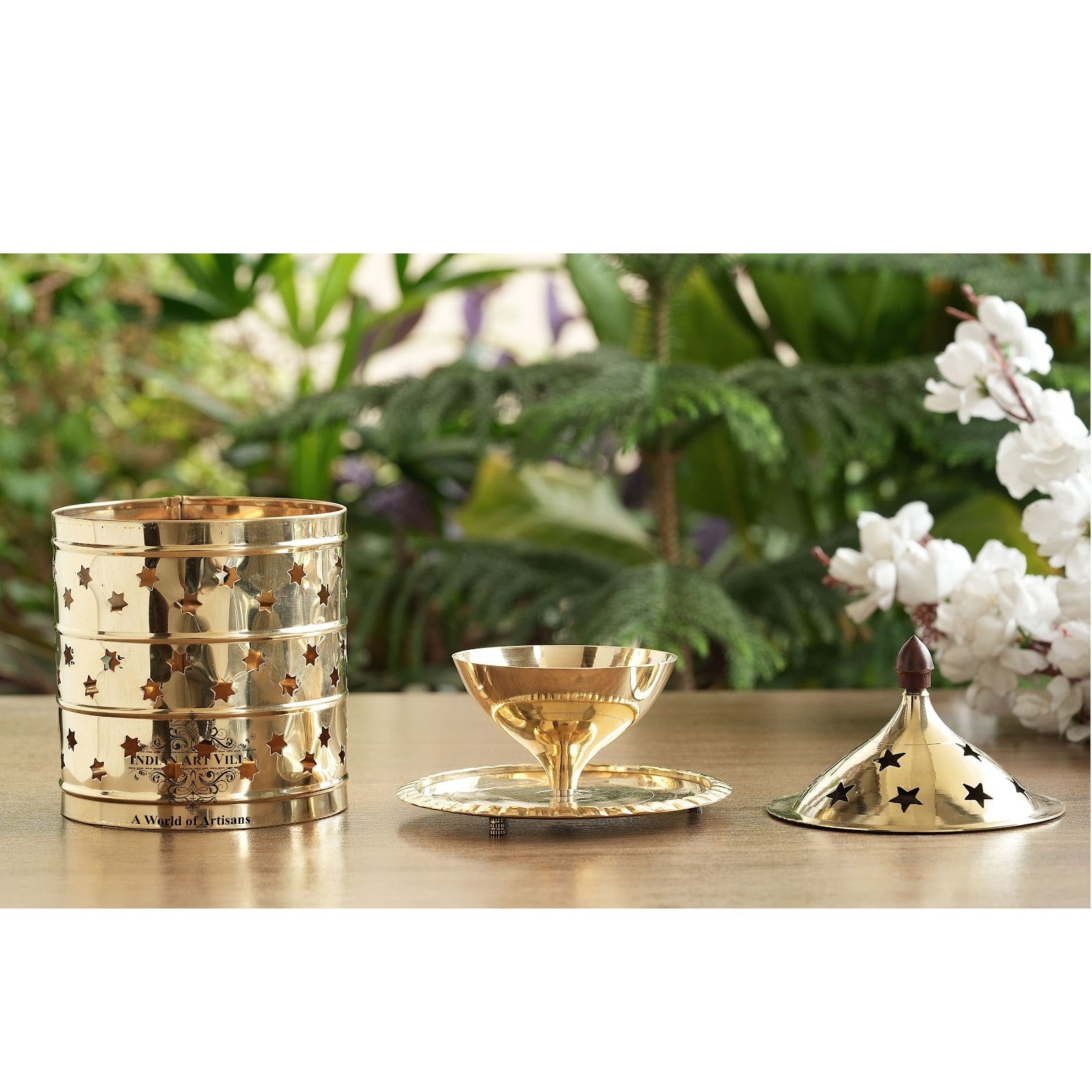 Pure Brass Akhand Jyot Diya, Star Design, Molded Brass Lid