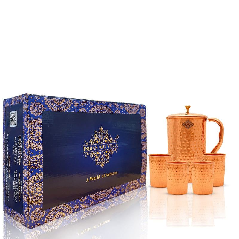 Handmade Pure Copper Hammered Design Jug & Glass with Box, Drinkware Gift Set