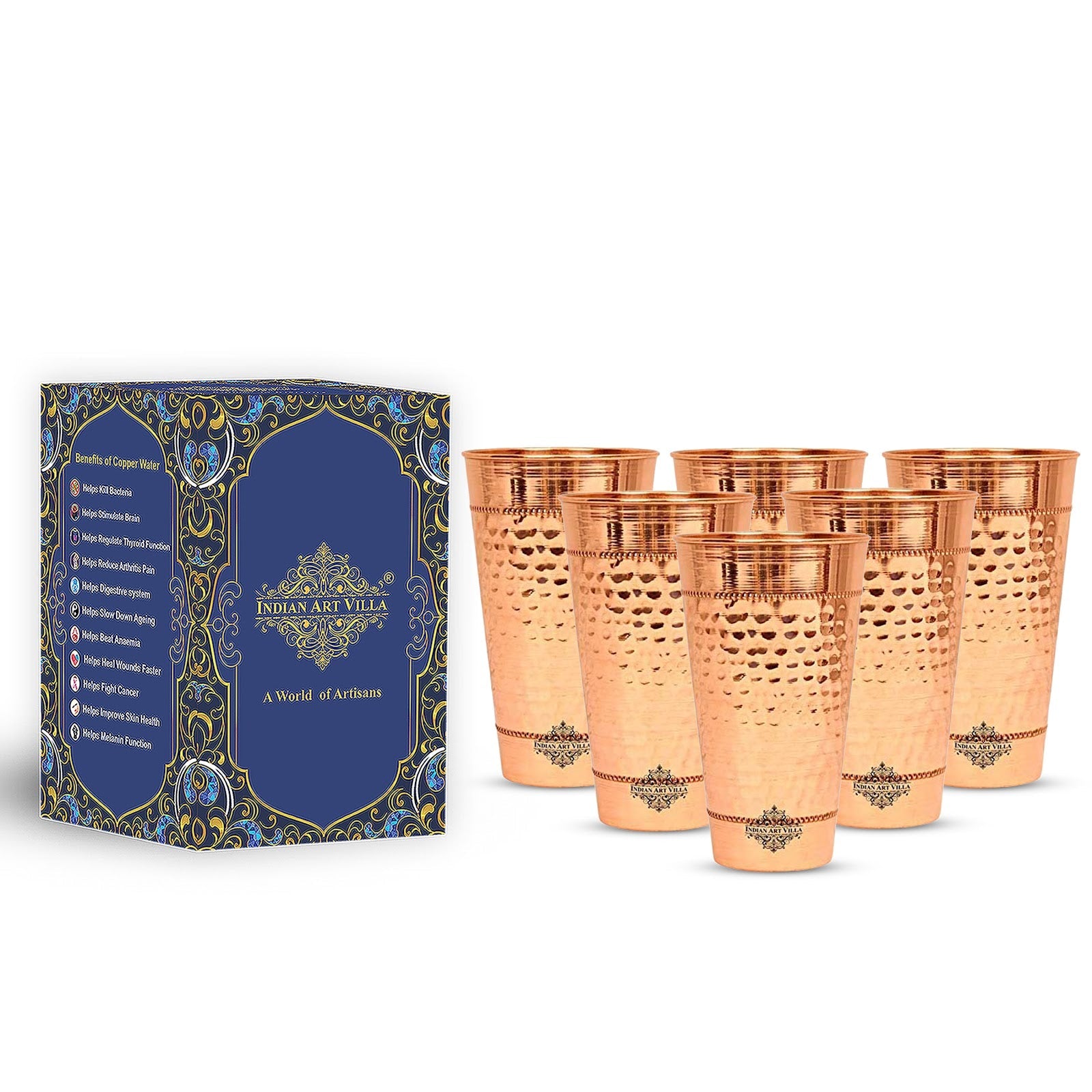 Pure Copper Hammered Design Big Lassi Glass with 2 Rings- 700 ML