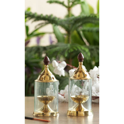 Pure Brass Akhand Diya, Oil Lamp With Glass Cover For Pooja