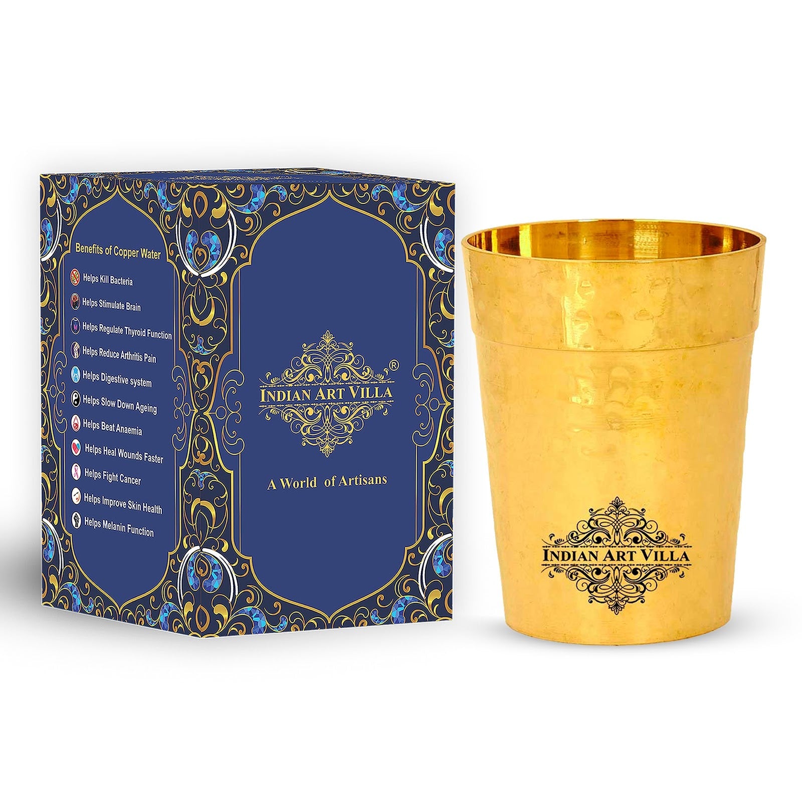 Pure Brass Glass Tumbler Cup, Hammered Design, Drinkware, 160 ML, Gold