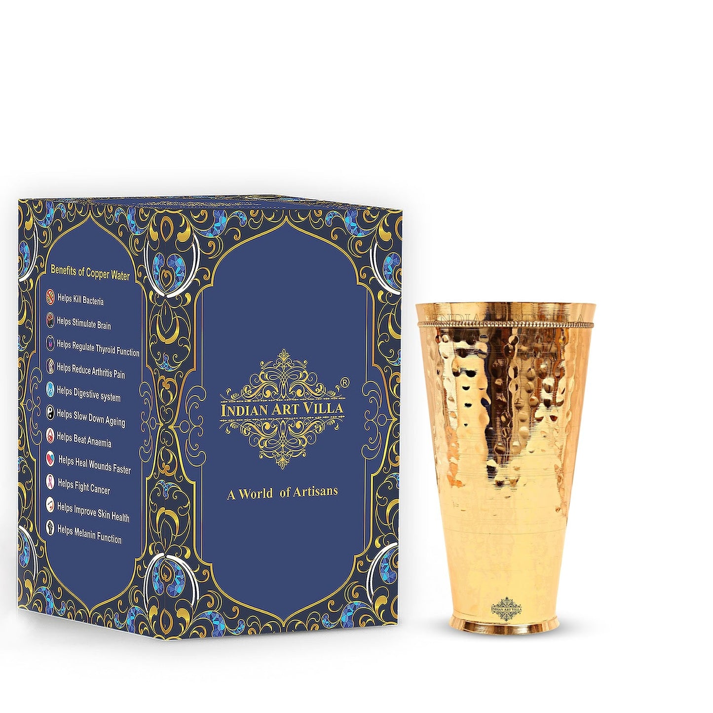 Handcrafted Pure Brass Lassi Glass Tumbler with Hammered Design