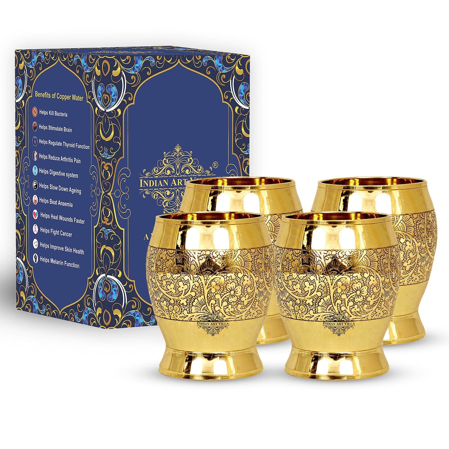 Handmade Pure Brass Embossed Flower Design Glass 300ml