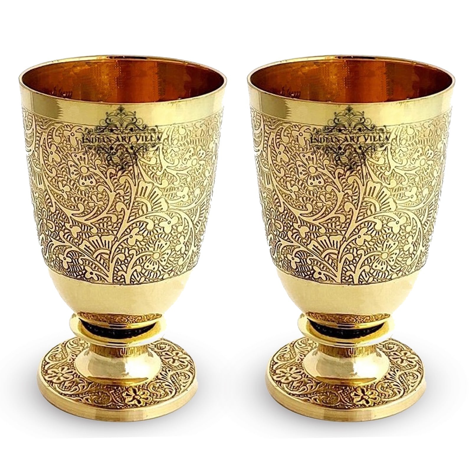 Pure Brass Embossed leaves Design Glass with Stand-350 ML