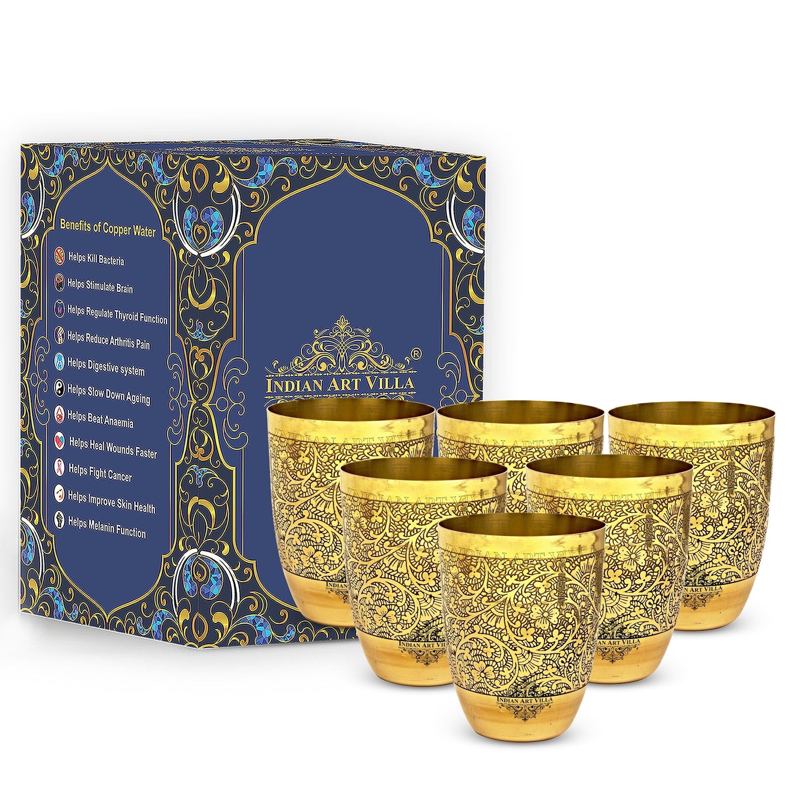 Embossed Design Pure Brass Glass- 350 ML