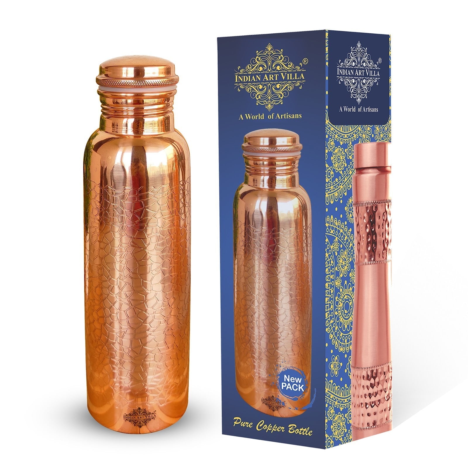 Pure Copper Water Bottle with Embossed Design
