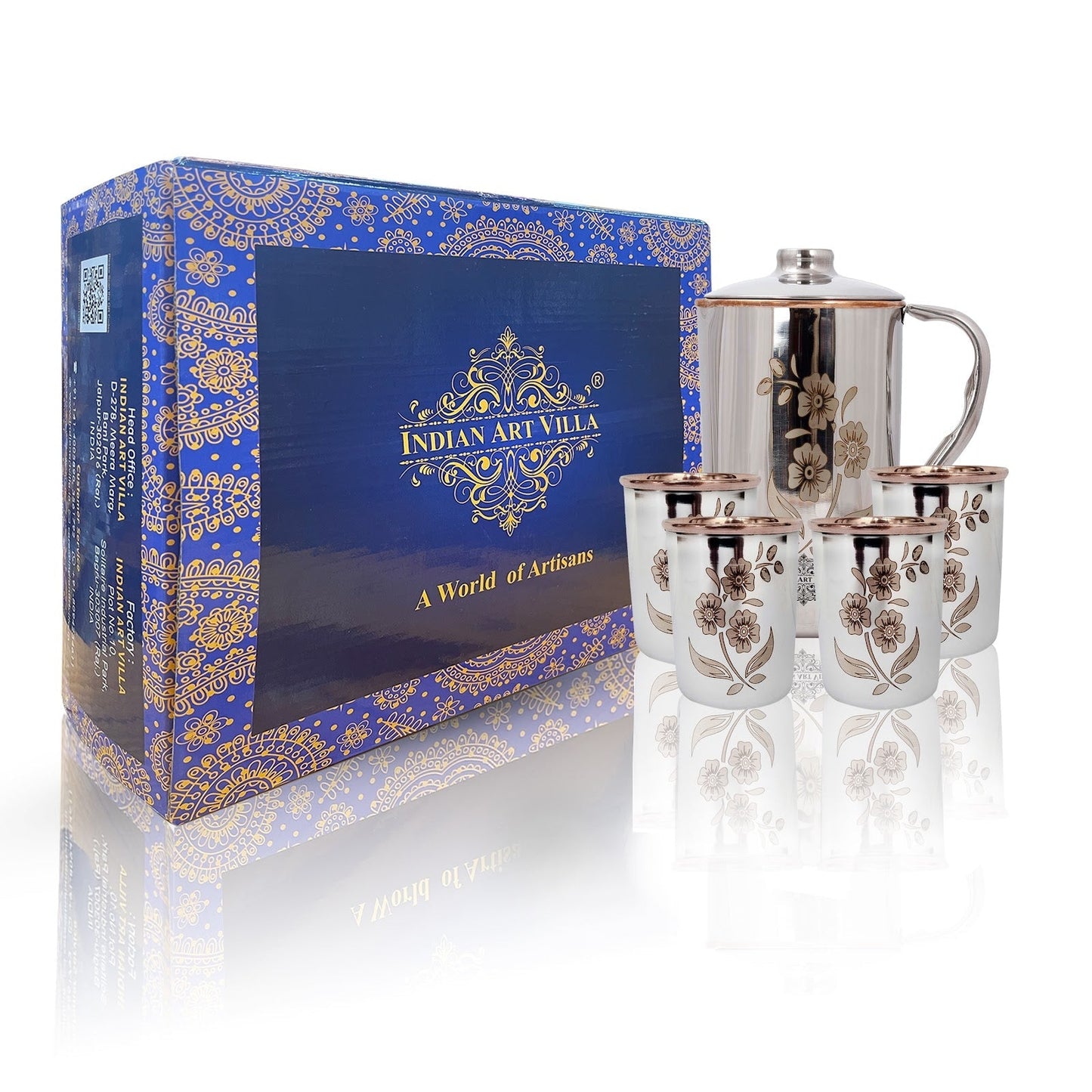 Handmade Pure Steel Copper Jug Pitcher With Glass Tumbler Gift Set