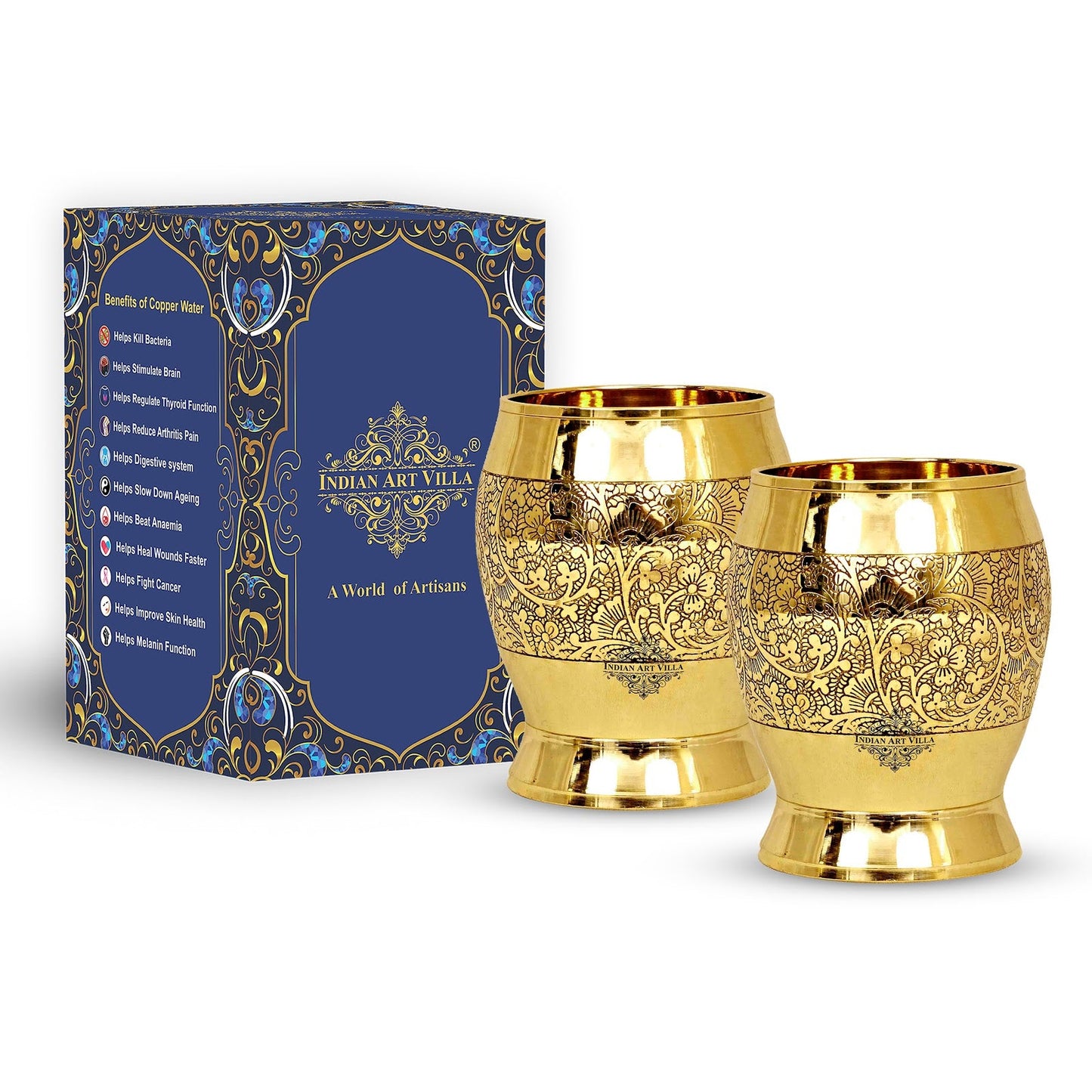 Handmade Pure Brass Embossed Flower Design Glass 300ml