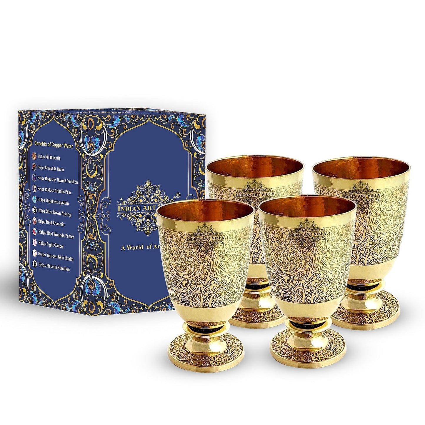 Pure Brass Embossed leaves Design Glass with Stand-350 ML