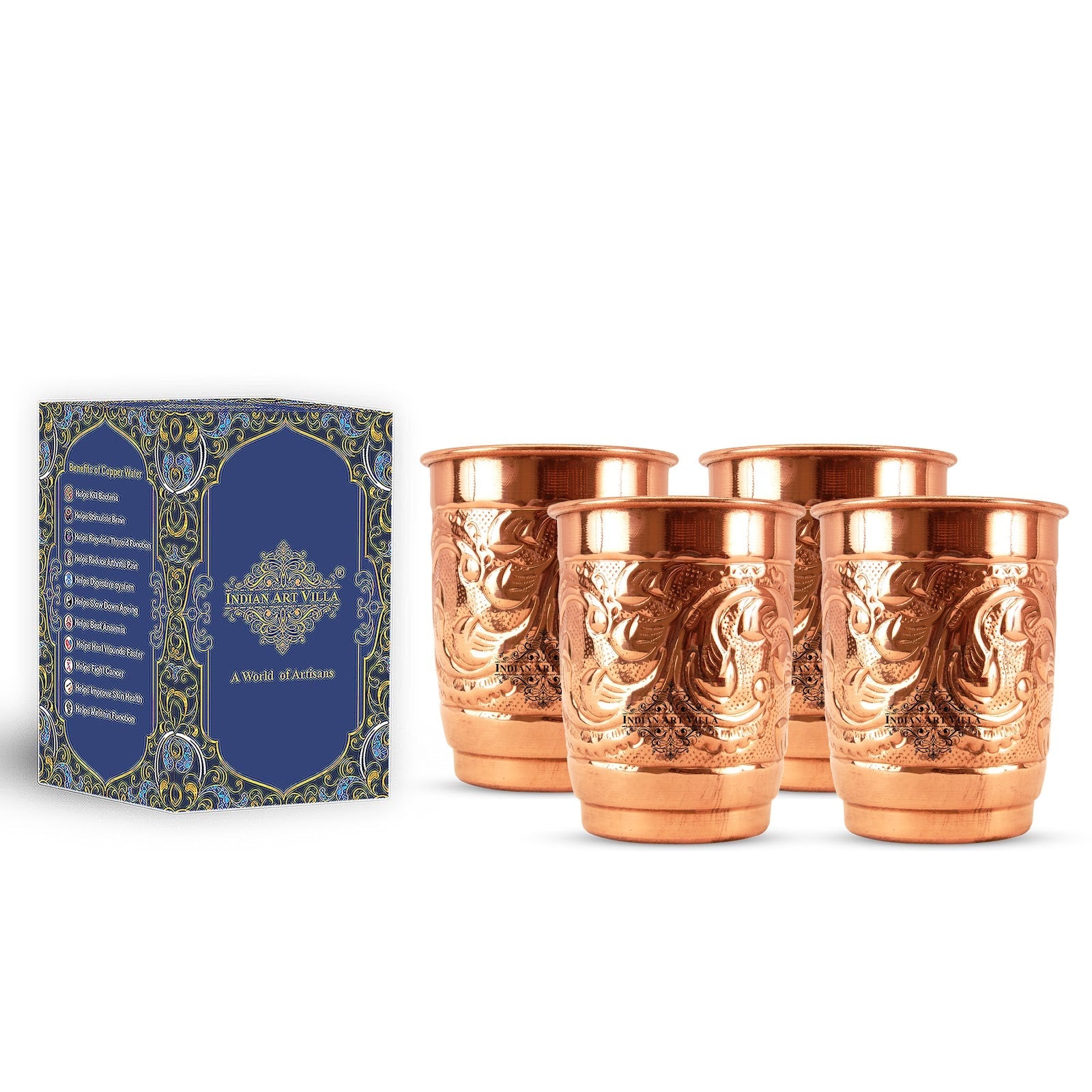 Pure Copper Engraved Leaf Design Glass 400ML