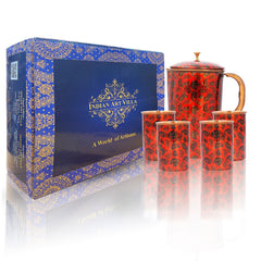 Pure Copper Jug with 2 Glass Gift Box Set, Designer Printed Pitcher, Red