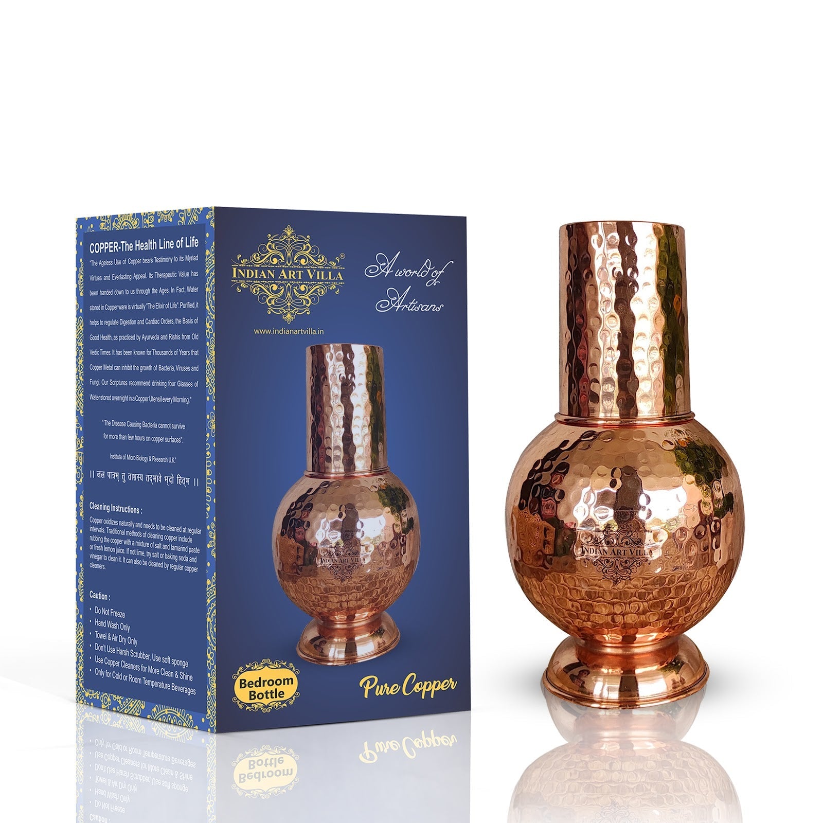 Pure Copper Surai Design Bedroom water Bottle With Inbuilt Glass