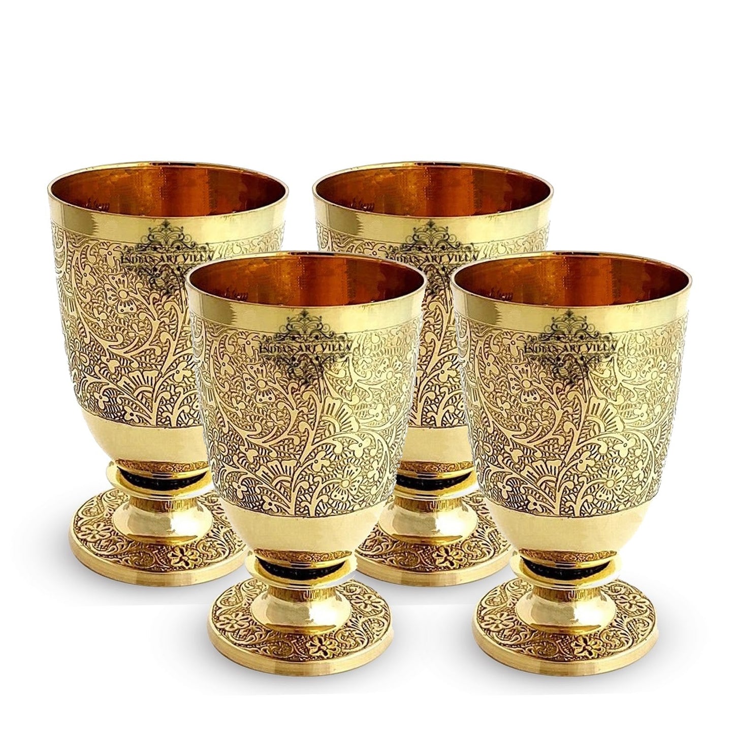 Pure Brass Embossed leaves Design Glass with Stand-350 ML