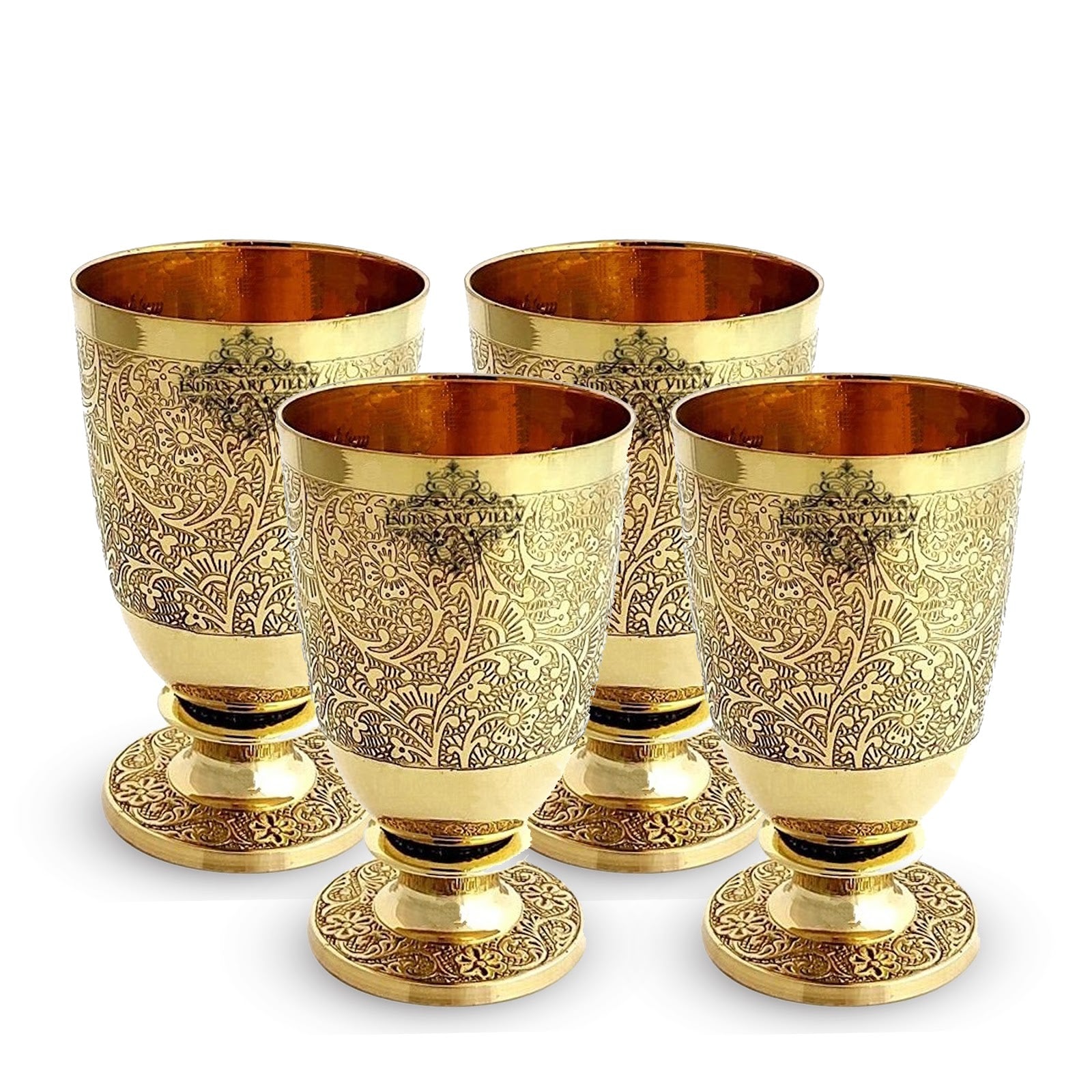 Pure Brass Embossed leaves Design Glass with Stand-350 ML