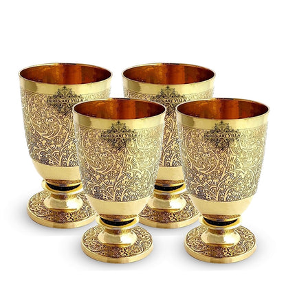 Pure Brass Embossed leaves Design Glass with Stand-350 ML
