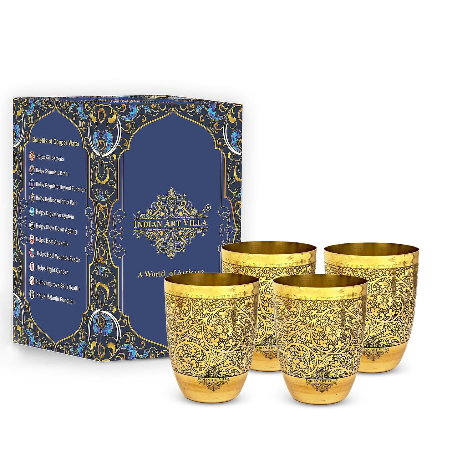 Embossed Design Pure Brass Glass- 350 ML