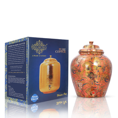 Printed Flower Design Copper Water Dispenser Pot Matka Storage Home Kitchen Garden