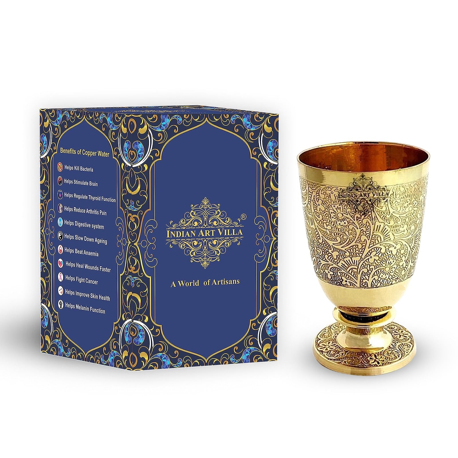 Pure Brass Embossed leaves Design Glass with Stand-350 ML