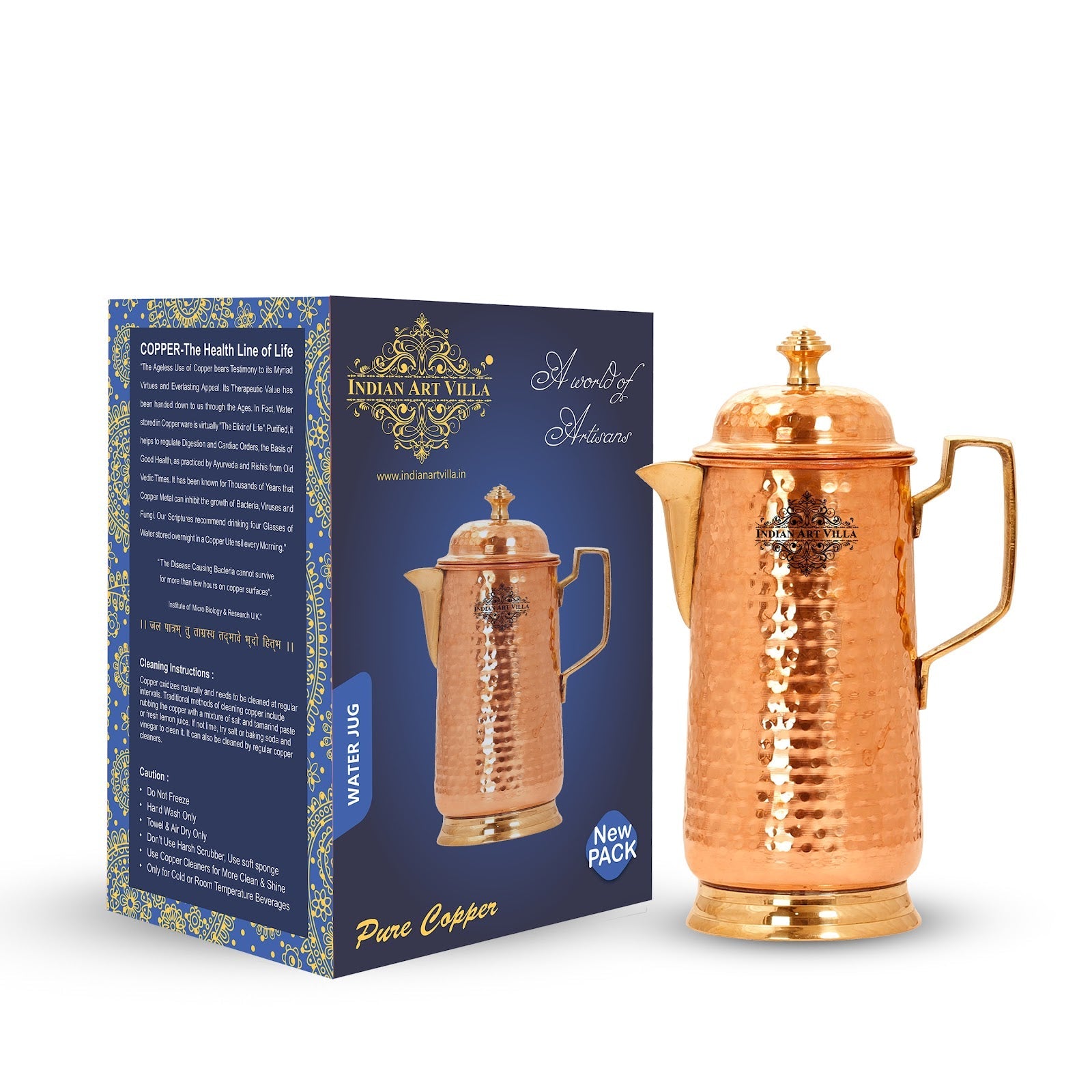 Pure Copper Hammered Jug With Brass Handle