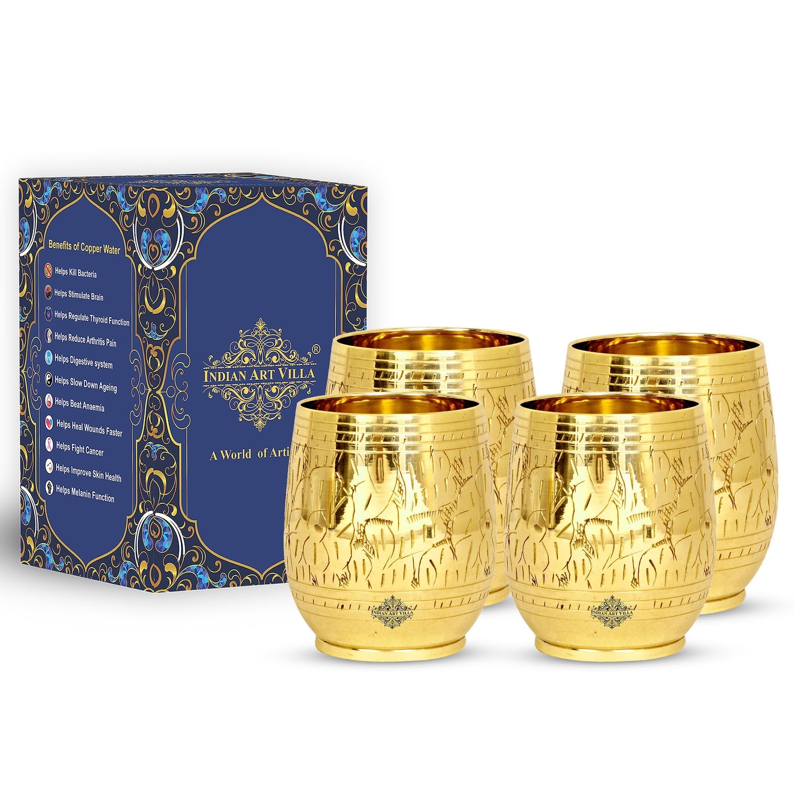 Handmade Pure Brass Engraving Leaf Design Glass Tumbler 300 ML