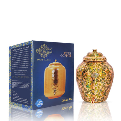 Handcrafted Pure Copper Water Pot with Leaf Design, Brown Color