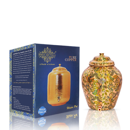 Handcrafted Pure Copper Water Pot with Leaf Design, Brown Color