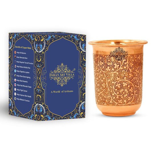 Pure Copper Embossed Design Curved Glass Tumbler 210 ML