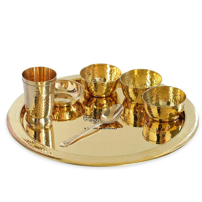 Pure Brass Matt Finish 7 Pieces Dinner Set / Thali Set, Includes 1 Plate, 3 Bowls, 1 Halwa Plate, 1 Spoon & 1 Glass, Elegant & Functional Traditional Dinnerware