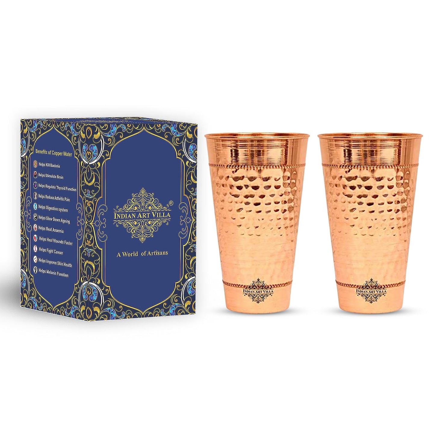 Pure Copper Hammered Design Big Lassi Glass with 2 Rings- 700 ML