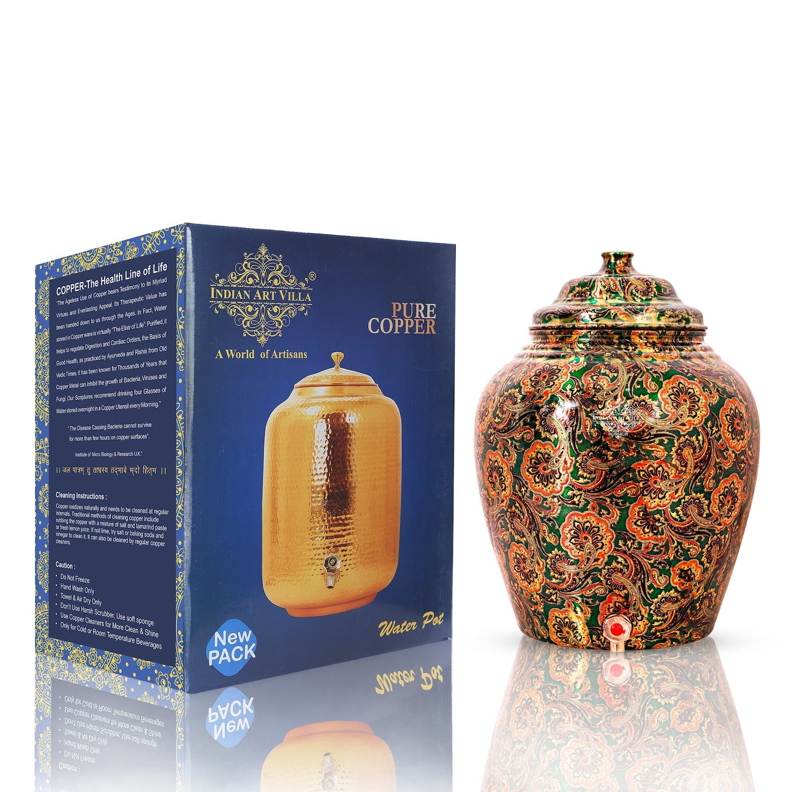 Handcrafted Pure Copper Water Pot with Printed Flower Design, 13 Ltr.