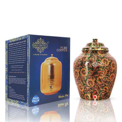 Handcrafted Pure Copper Water Pot with Printed Flower Design, 13 Ltr.